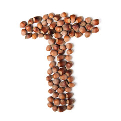 letter T. flatlay of whole unpeeled hazelnut. isolated on the white background