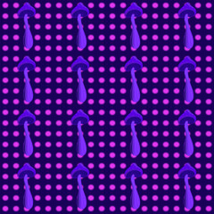 Seamless pattern of blue forest mushrooms on dark background, with neon pink dots. Psychedelic vector illustration.