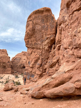 Man hiking, Arches National Park, Moab, Utah, USA