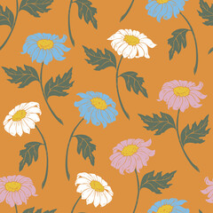 Vector seamless pattern with daisy flowers different colours. Vector flowers design on orange background.