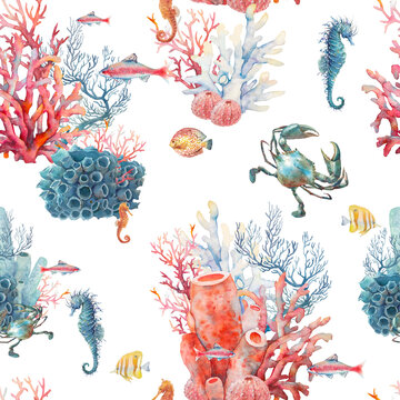 Watercolor coral reef seamless pattern. Hand drawn realistic background design: star fish, corals, sea horse on white background. Natural repeating texture design for fabric, wallpaper