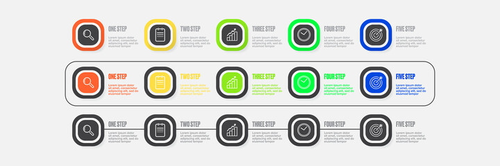 Business infographic line process with square template design with icons and 5 options or steps on grey background. Vector progress paper dark grey modern web banners set design template
