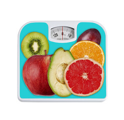 bathroom scale and fruits isolated on white background