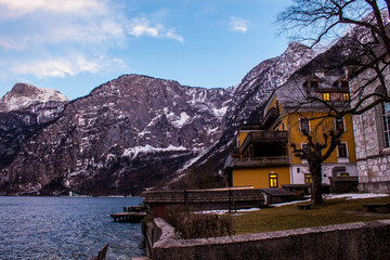 View of Traditional Old Houses by the Hallstatt Lake, Austria
