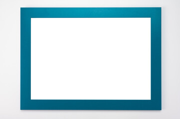 Horizontal Frame Mockup. Isolated frame on white background. White poster with cyan frame mockup. Certificate, diploma, picture, gratitude blue blank frame