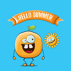 Hello summer concept with cartoon orange character and sun isolated on blue background. vector citrus fruit summer food character