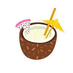Cartoon vector illustration of a fresh tropical cocktail in coconut. A refreshing beach drink, decorated with an umbrella, straw and a piece of pitaya. Isolated design on a white background.