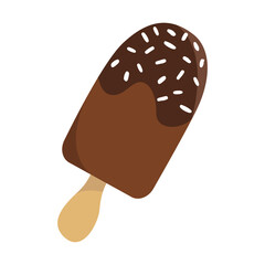 Cartoon vector illustration of chocolate ice cream with white sprinkles on a stick. Isolated design on a white background.