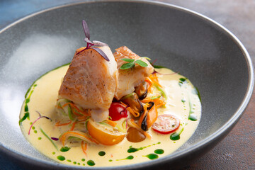 Fillet of white fish in a plate with sauce and vegetables. Selective focus