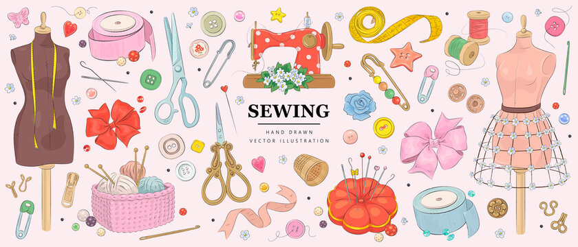 Vector hand drawn sewing retro set. Collection of highly detailed hand drawn sewing tools isolated on background