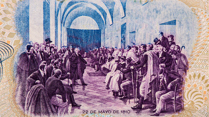 Painting "Cabildo abierto del 22 de Mayo de 1810" by Pedro Subercaseaux (Buenos Aires, RevoluciÃ³n de Mayo). Portrait from Argentina 500 Pesos 1984 Banknotes.