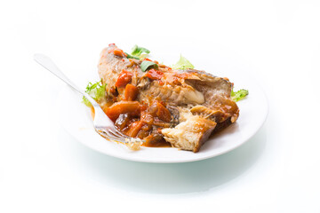 whole fish hake stewed with carrots, beets, peppers and other
