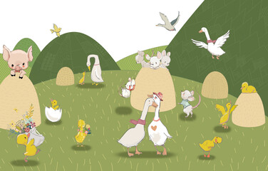 Children's wallpaper. Animals in the field. Ducklings are playing on the field.