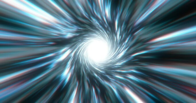 A tunnel with a white light at the end of the tunnel. Hyperspace jump through the stars to a distant space. Light speed space journey through time continuum