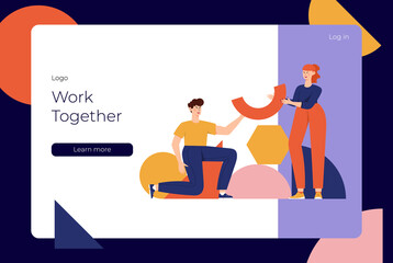 Teamwork, coworking, business partnership concept flat illustration. Characters with abstract geometrical shapes landing page design. Diverse people working together. People organize geometric figures