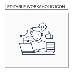 Workaholic line icon. Behavioral causes. Man works on laptop. Hard working. Satisfied from work.Overworking concept.Isolated vector illustration.Editable stroke
