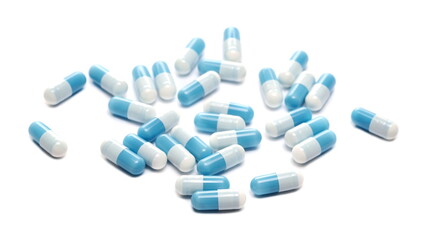 Blue white capsule, pills medicine isolated on white background
