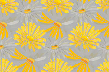 Naklejka na ściany i meble Vector floral seamless pattern. Yellow, grey flowers isolated on a grey background. Trending colors.