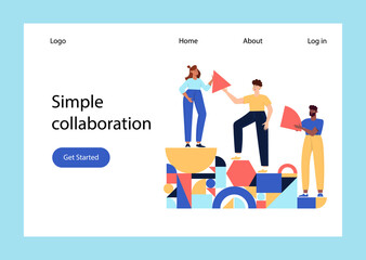 Obraz na płótnie Canvas Teamwork, coworking, business partnership concept flat illustration. Characters with abstract geometrical shapes landing page design. Diverse people working together. People organize geometric figures