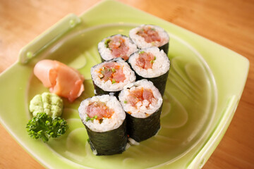 Sushi roll on restaurant table