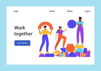 Teamwork, coworking, business partnership concept flat illustration. Characters with abstract geometrical shapes landing page design. Diverse people working together. People organize geometric figures