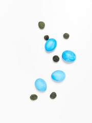 Easter eggs on white background. Easter concept.  Copy space.