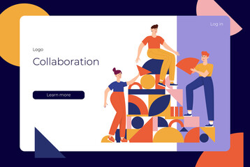 Teamwork, coworking, business partnership concept flat illustration. Characters with abstract geometrical shapes landing page design. Diverse people working together. People organize geometric figures