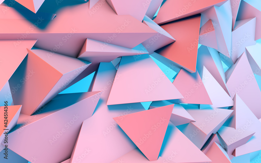 Poster Abstract background with 3D shapes flying in pink and blue light as a messy array or chaotic structure for any pastel backdrop. 3D illustration.