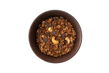 Chocolate granola cereal with nuts in a bowl background.