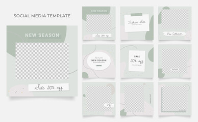 social media template banner blog fashion sale promotion. fully editable instagram and facebook square post frame puzzle organic sale poster. green grey white vector background
