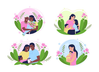 Fototapeta premium Mothers day flat concept vector illustration. Happy mom with baby. Adult daughter. African american, caucasian families 2D cartoon characters for web design. Spring holiday greeting creative idea