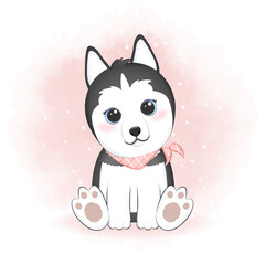 Cute Siberian Husky dog hand drawn animal illustration