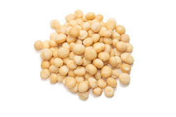 Macadamia nuts isolated on white background.