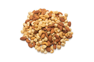 Mix of nuts isolated on white background. Top view.