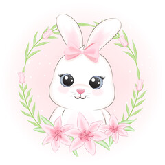 Cute Rabbit and flora frame cartoon animal watercolor illustration