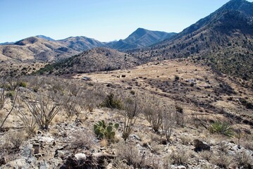 Overview of the site of former Fort Bowie, now in ruins and archeology site. Fort Bowie National Historical Site in Arizona. Fort Bowie was a 19th-century outpost of the United States Army. 