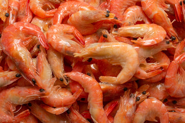 Shrimps background texture. A lot of shrimps. Cooked shrimps.