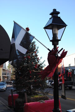 Cornish flag on a a light post in Grass Valley, California. The Cornish culture is celebrated at the Cornish Christmas market. The Cornish people often worked in the local gold mines.