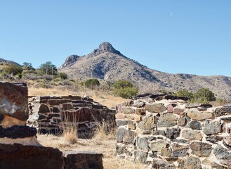 Fototapeta na wymiar Fort Bowie National Historical Site in Arizona. Fort Bowie was a 19th-century outpost of the United States Army. Ruins of the commanding officer's quarters and Bowie Peak. 