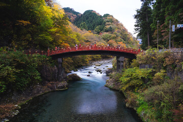 Fototapeta na wymiar Shinkyo Bridge and water stream at Nikko, Tochigi