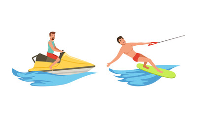 Water Sports Set, Man Water Skiing, Riding Wakeboard and Jet Ski Cartoon Vector Illustration