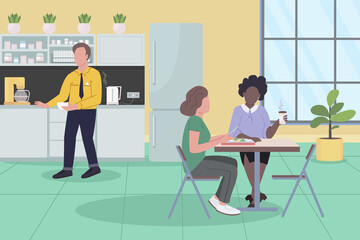 Office dinner break flat color vector illustration. Colleagues eat lunch together. Man drink coffee. Corporate employees 2D cartoon characters with company canteen interio on background