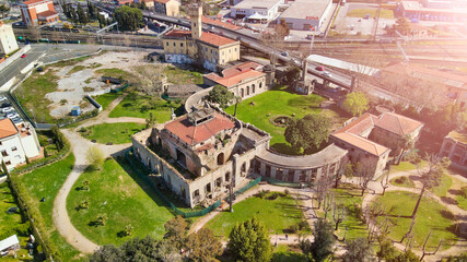 LIVORNO, ITALY - MARCH 13, 2021: Aerial view of Fonti del Corallo and train station