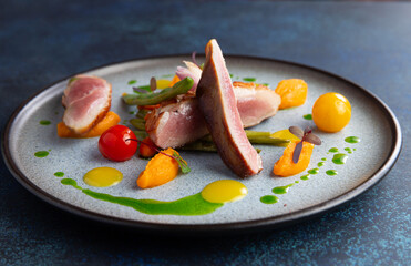 Cooked duck fillet in a plate.