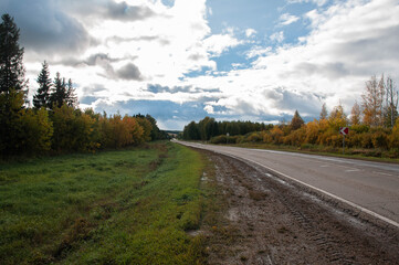 the paved road goes into the distance. trees with yellow leaves on both sides of the road, autumn day.