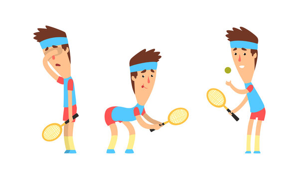 Male Tennis Player in Various Actions Set, Athlete in Sports Uniform Playing Tennis with Racket and Ball Cartoon Vector Illustration