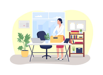Job dismissal 2D vector web banner, poster. Woman collect stationery from work desk. Laid off employee flat character on cartoon background. Unemployment printable patch, colorful web element