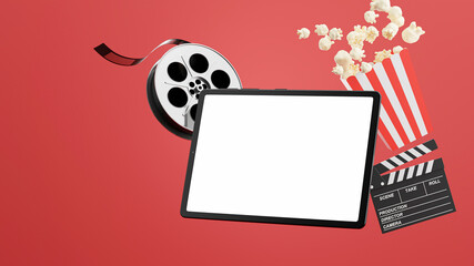 3d render of tablet with online cinema time,with copy space