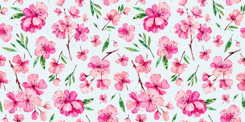 Seamless pattern with pink Apple and Cherry flowers. Botanical hand drawn illustration. Background with spring blooming flowers. Vintage. Texture for fabric, wrapping paper, textile