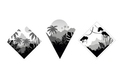 Beautiful Tropical Mountain Landscape with Palm Trees Set, Monochrome Rainforest Scenery in Geometric Shapes Vector Illustration